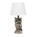 Simple Designs 1985 Polyresin Gazing Brown and White Night Owl Table Lamp with White Tapered Drum Fabric Shade LT2098-WHT